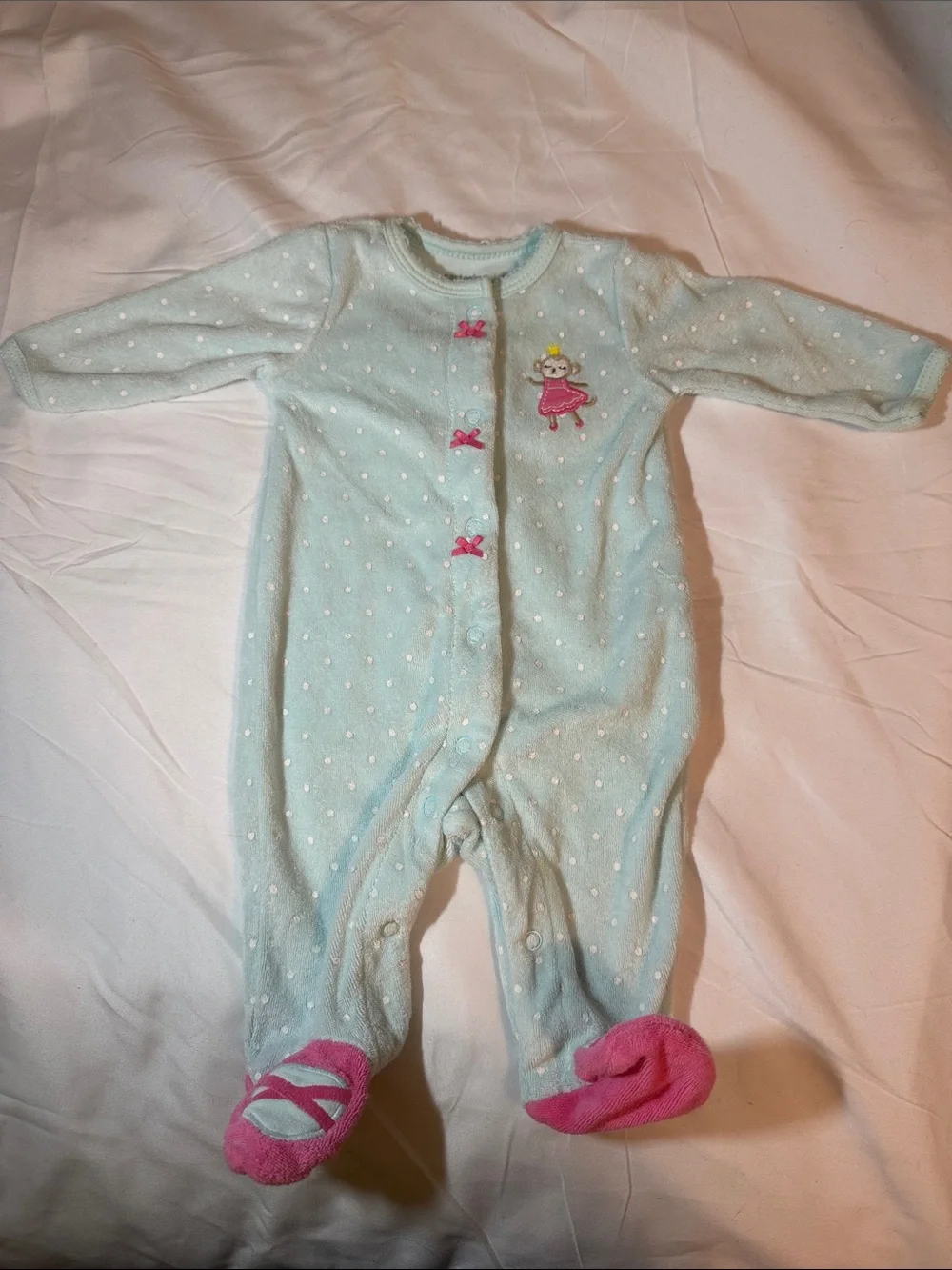 Carter's Light Blue Polka Dot Footed One-Piece with Pink Accents
